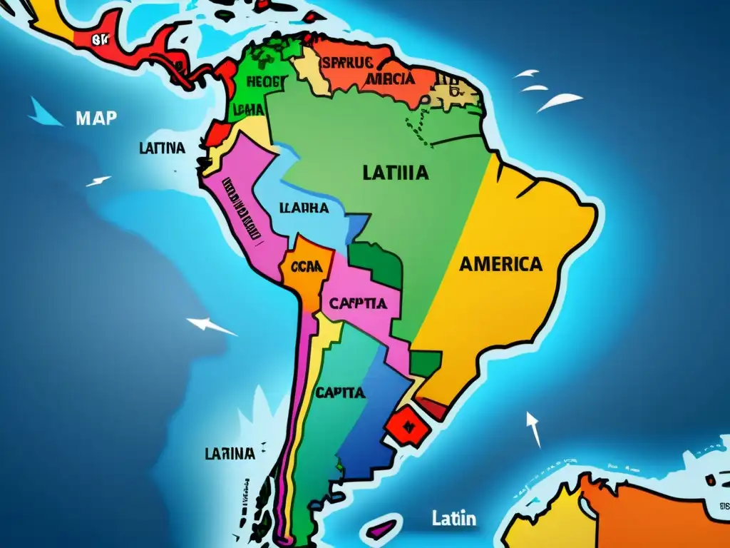 Mapa de América Latina: Flujo de capital en 8k Un mapa detallado de América Latina con flechas entrelazadas, representando la fuga de capitales en la región