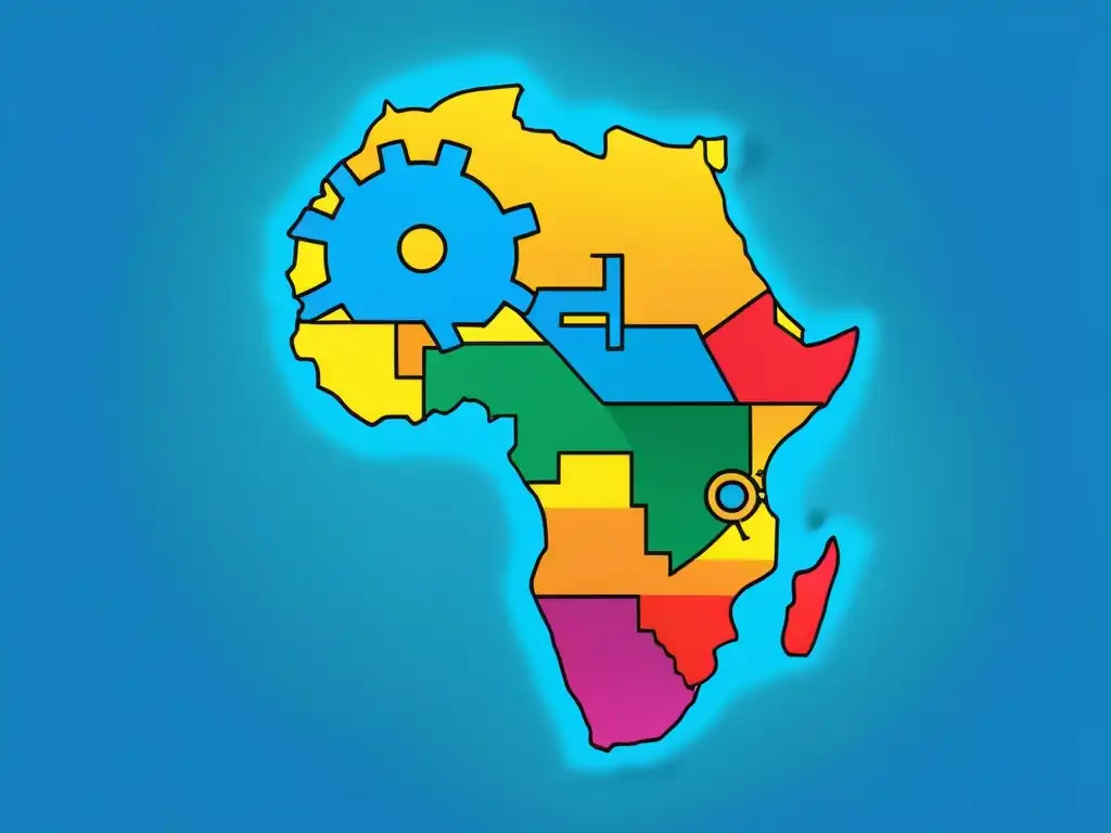 Un mapa de África con engranajes entrelazados en colores vibrantes, simbolizando el potencial de cambio económico a través de la filosofía austriaca