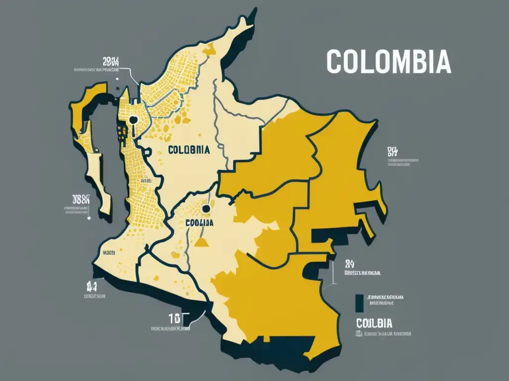 Mapa de Colombia con gráficos económicos de la Escuela Austriaca de Economía, en tonos gris y toques de oro, destacando centros económicos clave