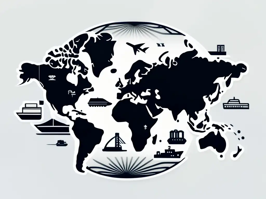 Mapa minimalista de rutas comerciales globales, destacando la complejidad de la economía mundial con líneas precisas y modernos iconos