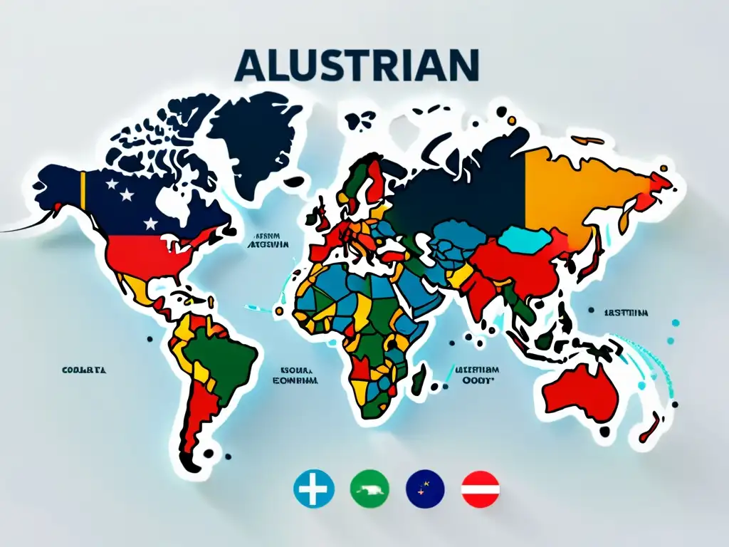 Mapa del mundo destacando conexiones económicas de la Escuela Austriaca