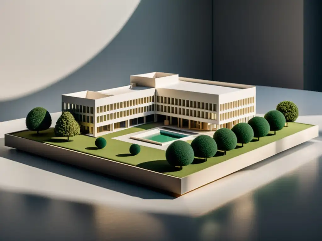 Una maqueta detallada de la Escuela Austriaca de Economía, con precisos detalles arquitectónicos y paisajísticos, iluminación sutil y profundidad