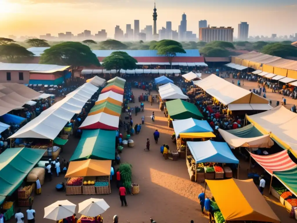 Un mercado africano animado con puestos de colores, productos frescos y artesanías