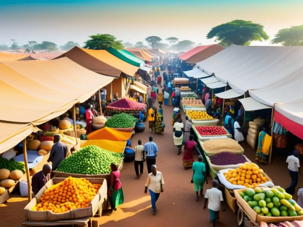 Un mercado africano bullicioso y colorido, con vendedores, frutas y textiles