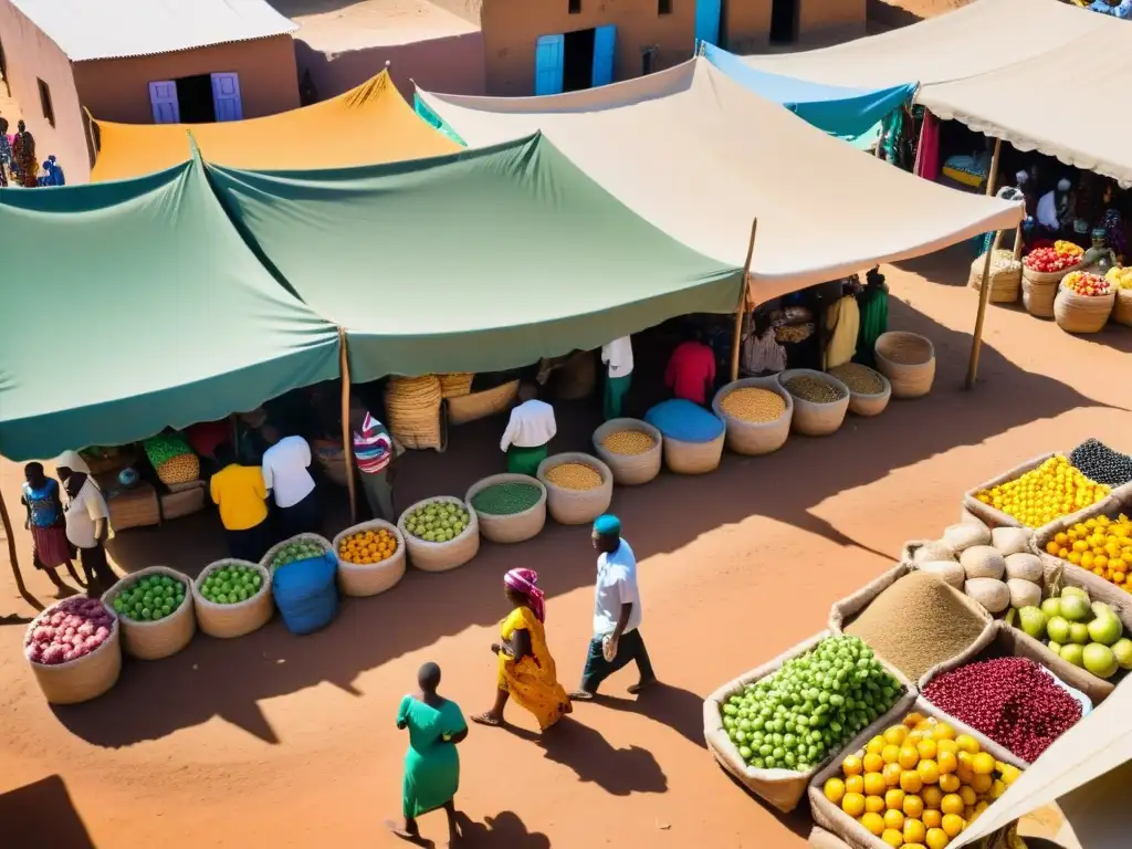 Un mercado africano bullicioso, con vendedores y coloridas frutas, textiles y artesanías