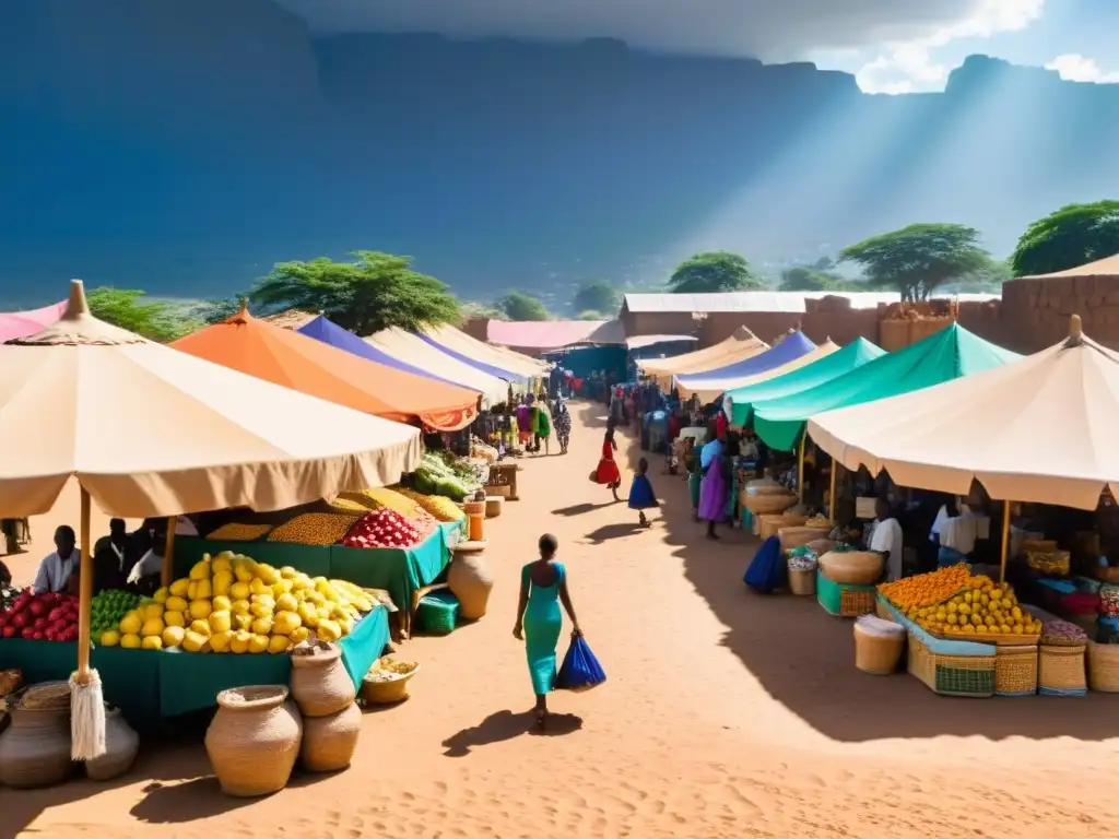 Un mercado bullicioso en una ciudad africana, con vendedores ofreciendo frutas coloridas, artesanías y textiles vibrantes bajo grandes sombrillas
