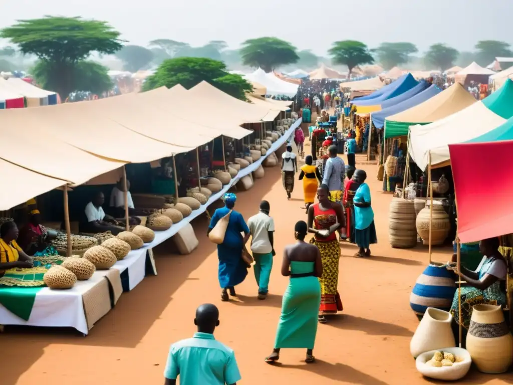 Un mercado bullicioso en África con colores vibrantes y una variedad de productos en exhibición