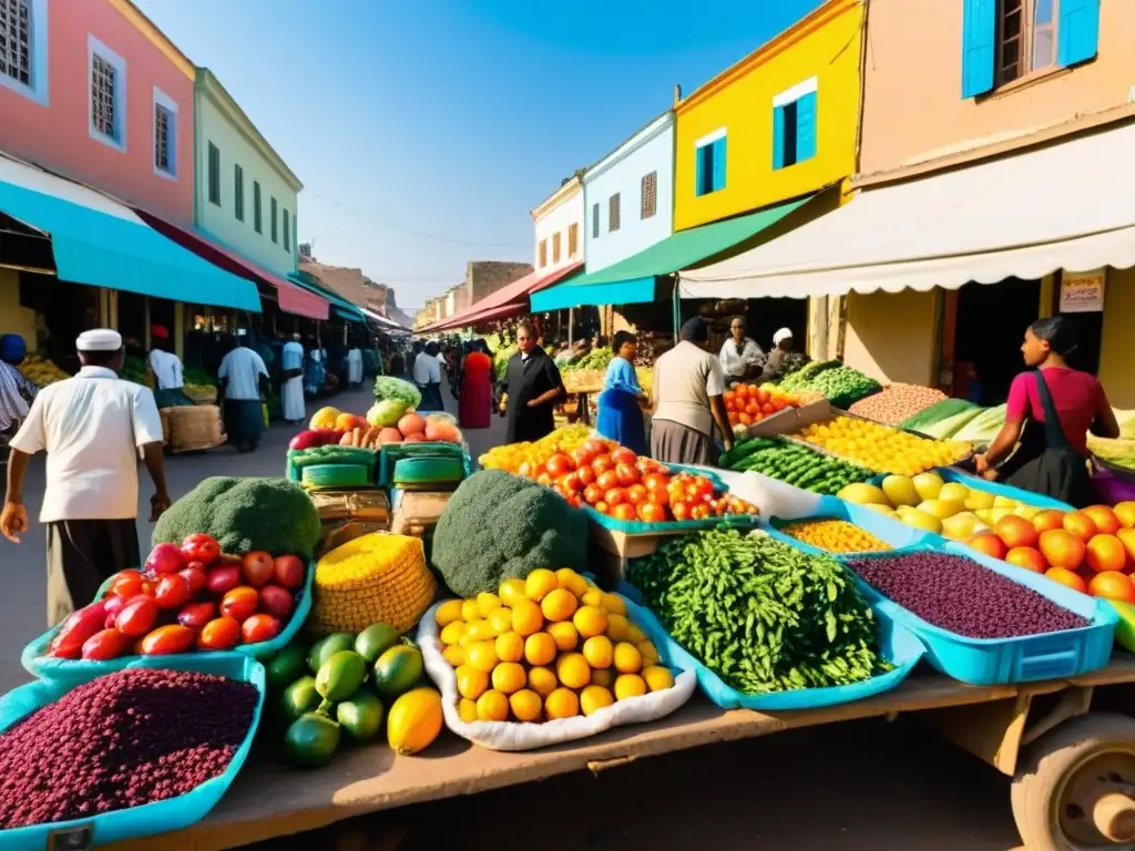 Un mercado bullicioso en una economía postconflicto, con vendedores ofreciendo productos coloridos bajo el cálido sol