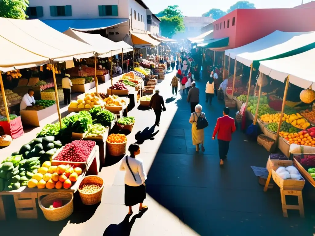 Un mercado bullicioso lleno de vendedores diversos ofreciendo frutas, verduras y productos hechos a mano