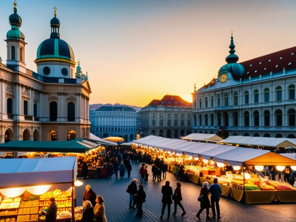 Un mercado bullicioso en Viena, con vendedores y compradores entre la caótica variedad de productos