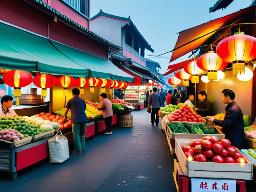 Un mercado taiwanés bullicioso con faroles rojos, frutas coloridas y vendedores vibrantes, mostrando la Escuela Austriaca de Economía en Taiwán