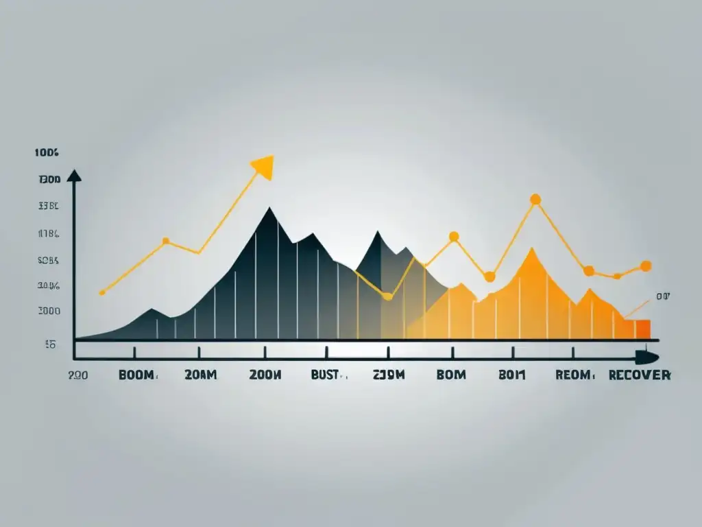 Interpretando el mercado con teoría austriaca: Ilustración minimalista de gráfico bursátil con ciclo económico