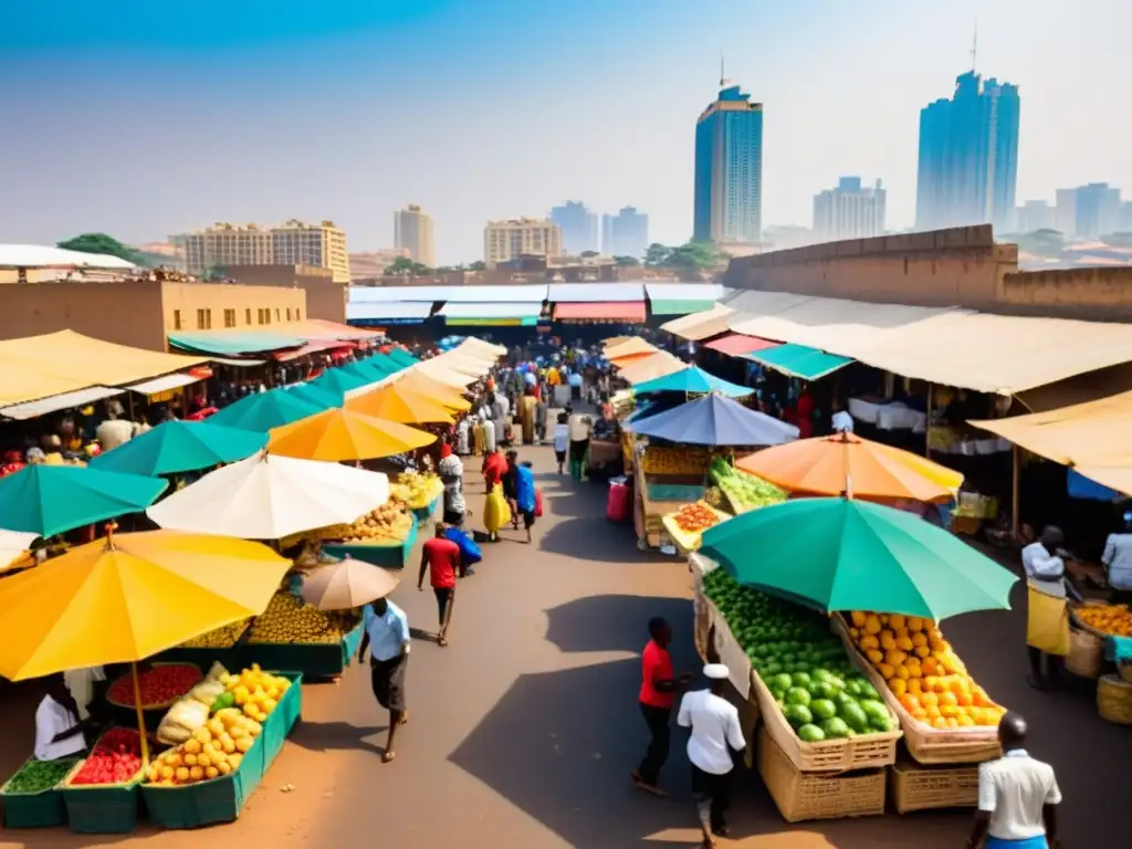 Un mercado vibrante en una ciudad africana, con vendedores ofreciendo frutas y verduras bajo coloridos paraguas