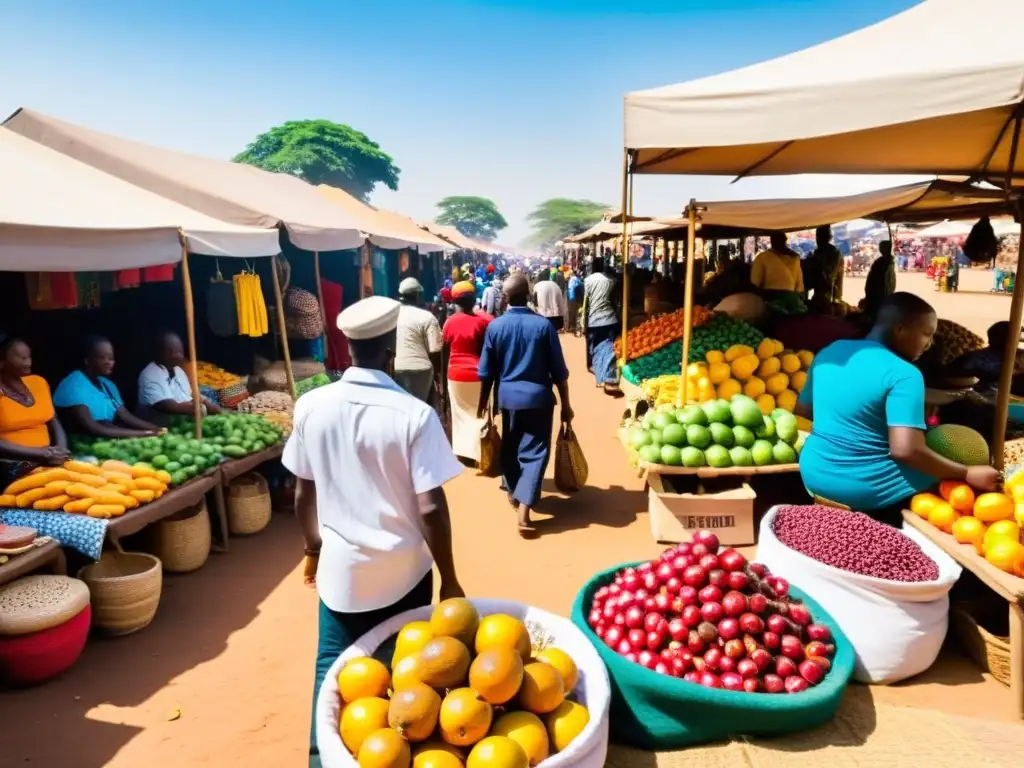 Mercado africano vibrante: colores, frutas y artesanías Mercado vibrante en una ciudad africana, con puestos coloridos ofreciendo frutas, textiles y artesanías