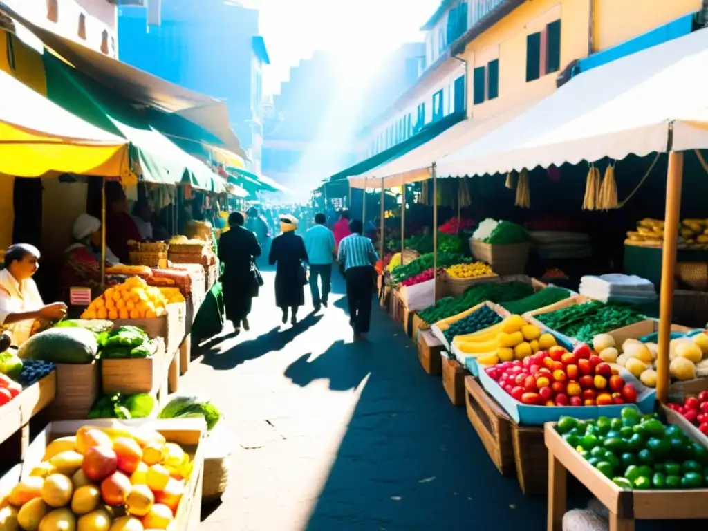 Un mercado vibrante lleno de vida y color, donde la diversidad y la vitalidad del comercio libre se destacan