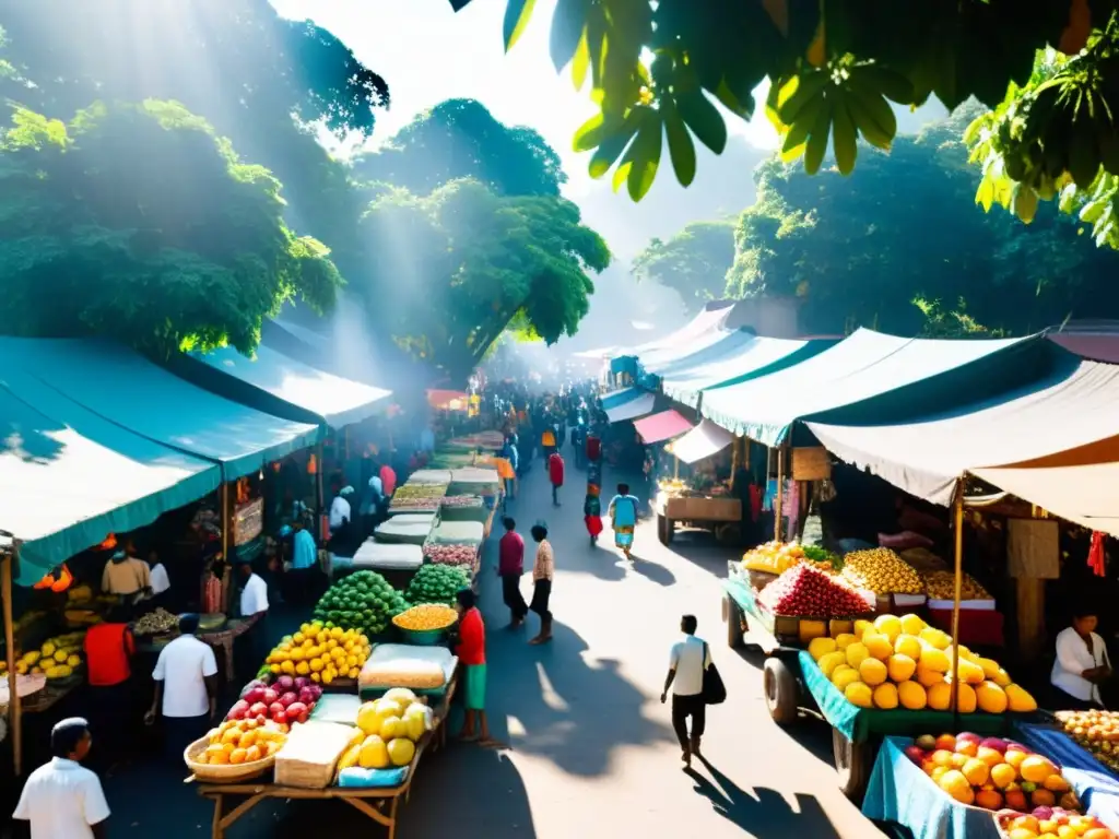 Mercados emergentes: bullicioso mercado con frutas exóticas, textiles vibrantes y artesanías