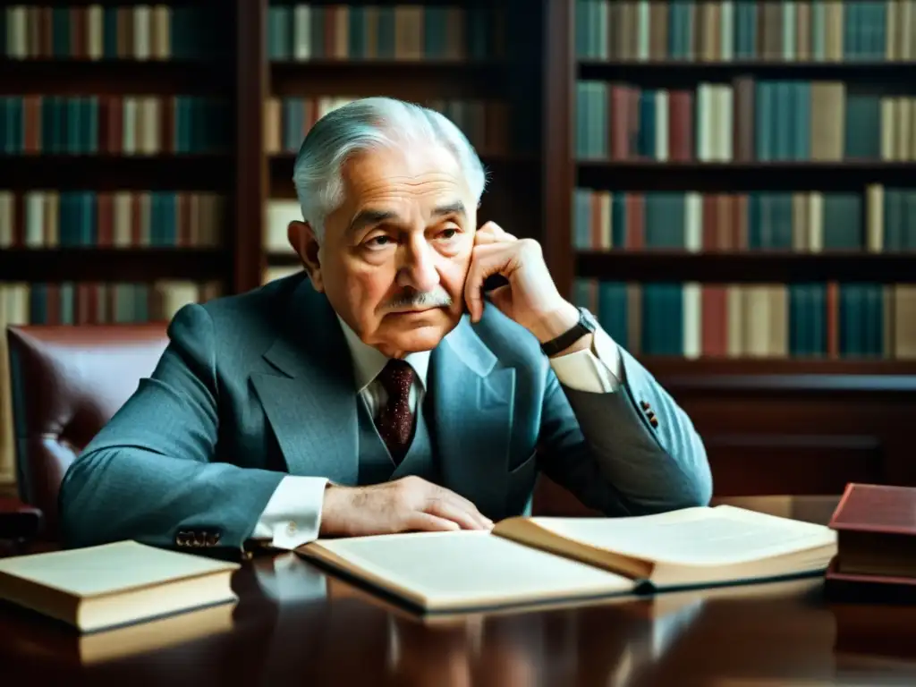 Ludwig von Mises reflexiona sobre el método praxeológico, rodeado de libros y papeles, con intensidad y profundidad en su mirada