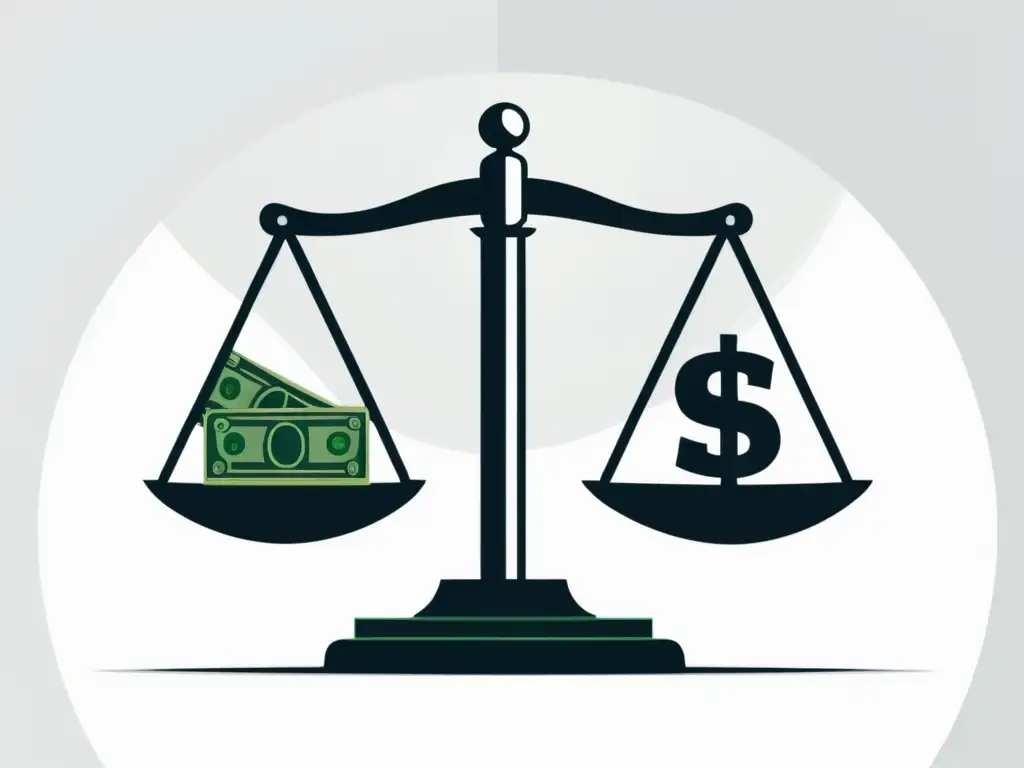 Equilibrio monetario: la paradoja de la política económica ilustración minimalista de una balanza con dinero de un lado y señales económicas del otro, simbolizando la paradoja del interés en política monetaria