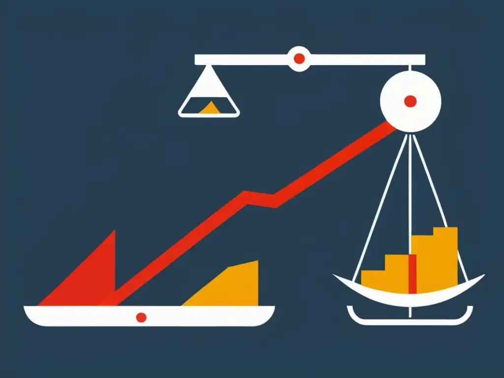 Ilustración minimalista de una balanza equilibrando gráfico de crecimiento y recesión económica, con un lado ligeramente inclinado hacia abajo