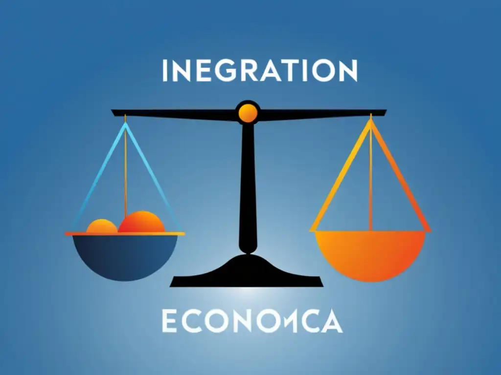 Ilustración minimalista de una balanza con 'Integración económica' y 'Soberanía nacional' equilibradas