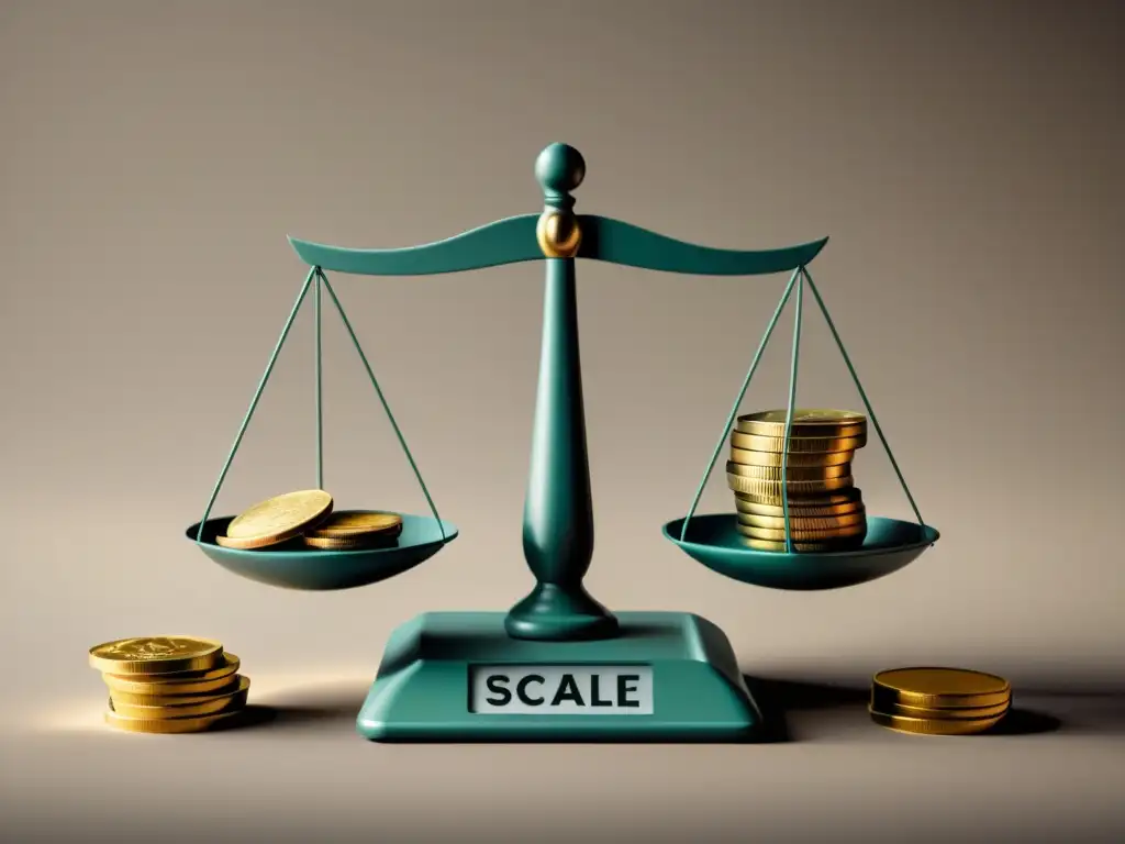 Ilustración minimalista de una balanza con una pila de monedas en un lado y una pila estable y equilibrada en el otro, reflejando las propuestas austriacas de estabilidad financiera