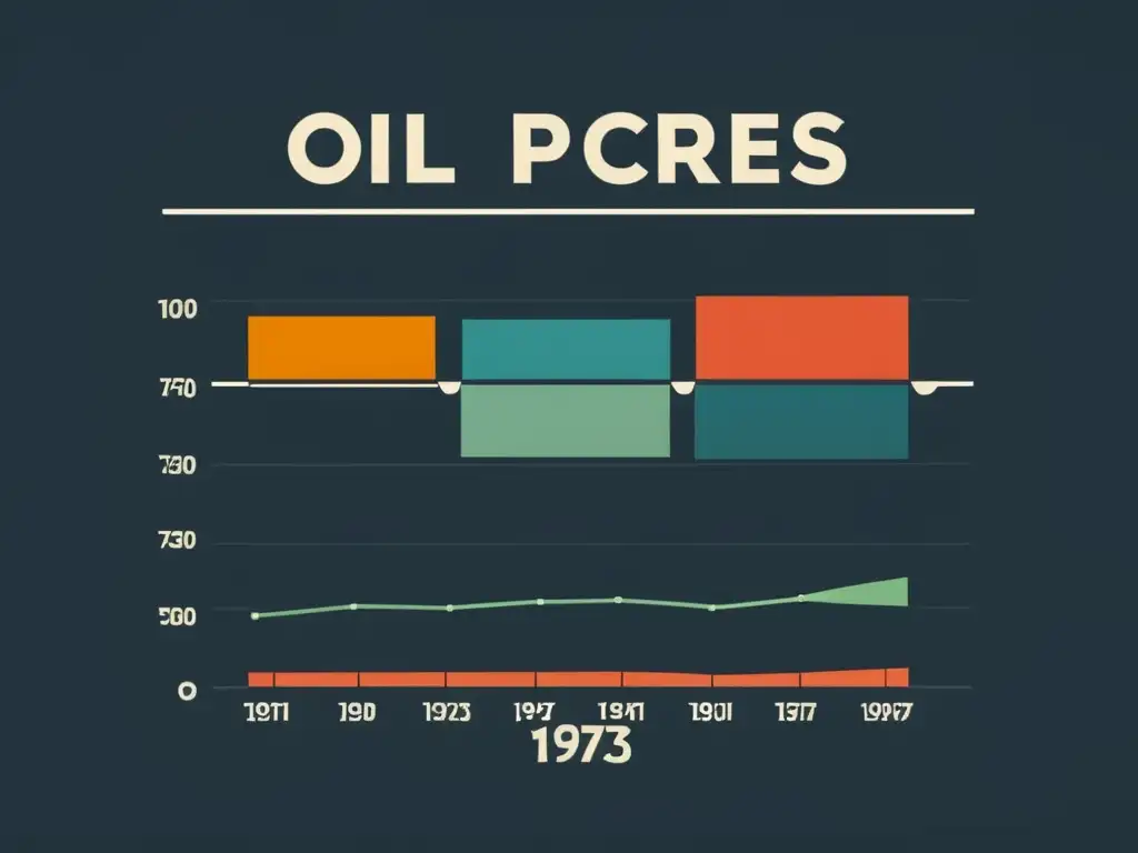 Un ilustración minimalista de un barril de petróleo con el gráfico de precios de la crisis del petróleo de 1973 al fondo