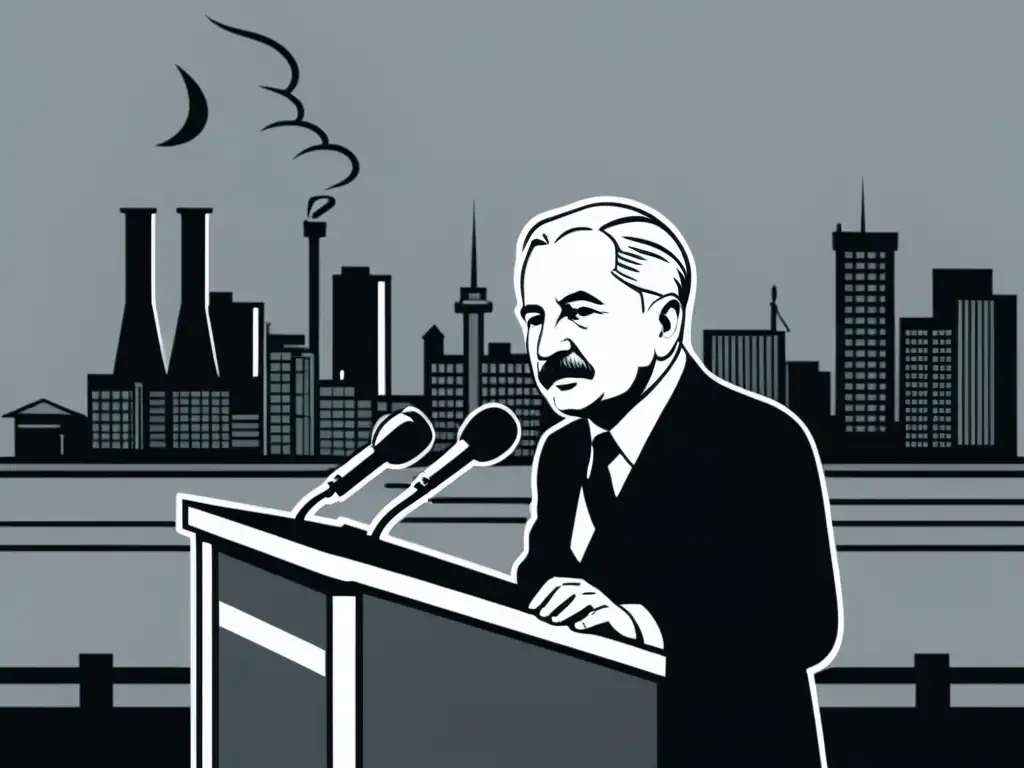 Ludwig von Mises en ilustración minimalista en blanco y negro, criticando el colectivismo con determinación, frente a una ciudad industrial