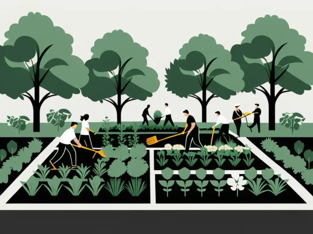 Ilustración minimalista en blanco y negro de personas construyendo un jardín comunitario, reflejando unidad y cooperación