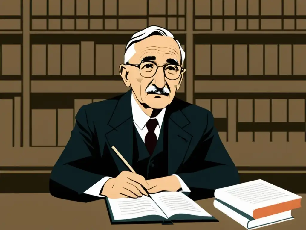 Friedrich Hayek: Reflexión en la oficina Ilustración minimalista en blanco y negro de Friedrich Hayek rodeado de libros y papeles, reflejando su profunda Teoría de los seguros de Hayek