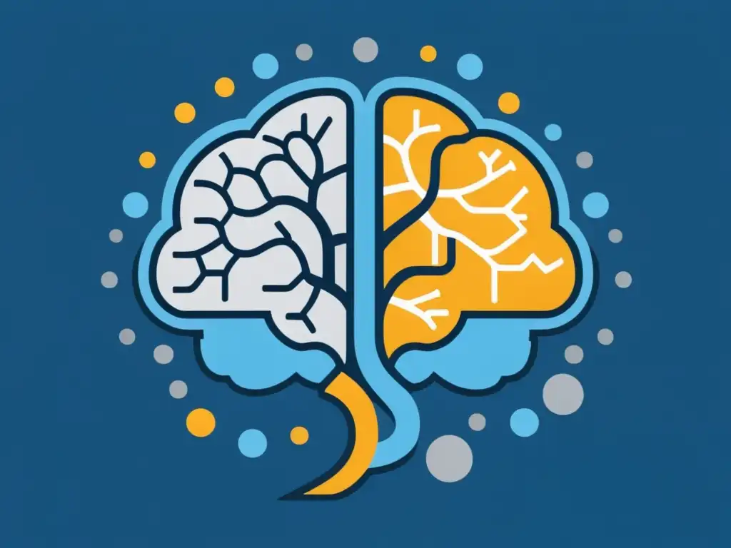 Ilustración minimalista del cerebro humano con neuronas interconectadas y símbolos económicos en tonos azules, grises y toques de oro