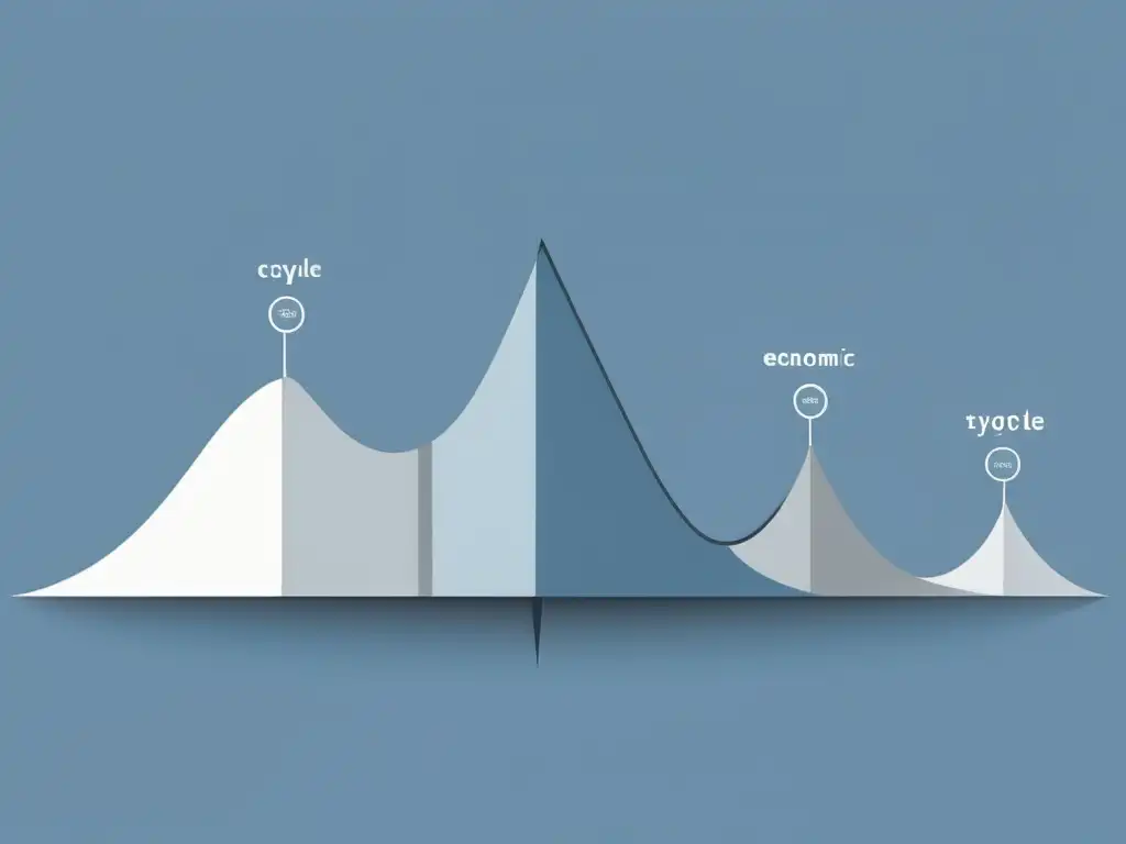 Ilustración minimalista de un ciclo económico con picos y valles en tonos de azul y gris, transmitiendo claridad