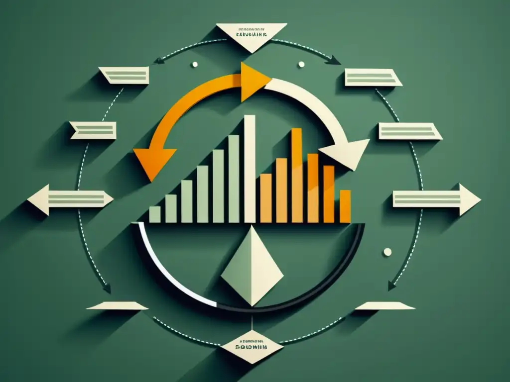 Ilustración minimalista del ciclo económico y el rol de los bancos centrales, con flechas interconectadas y formas geométricas en tonos suaves