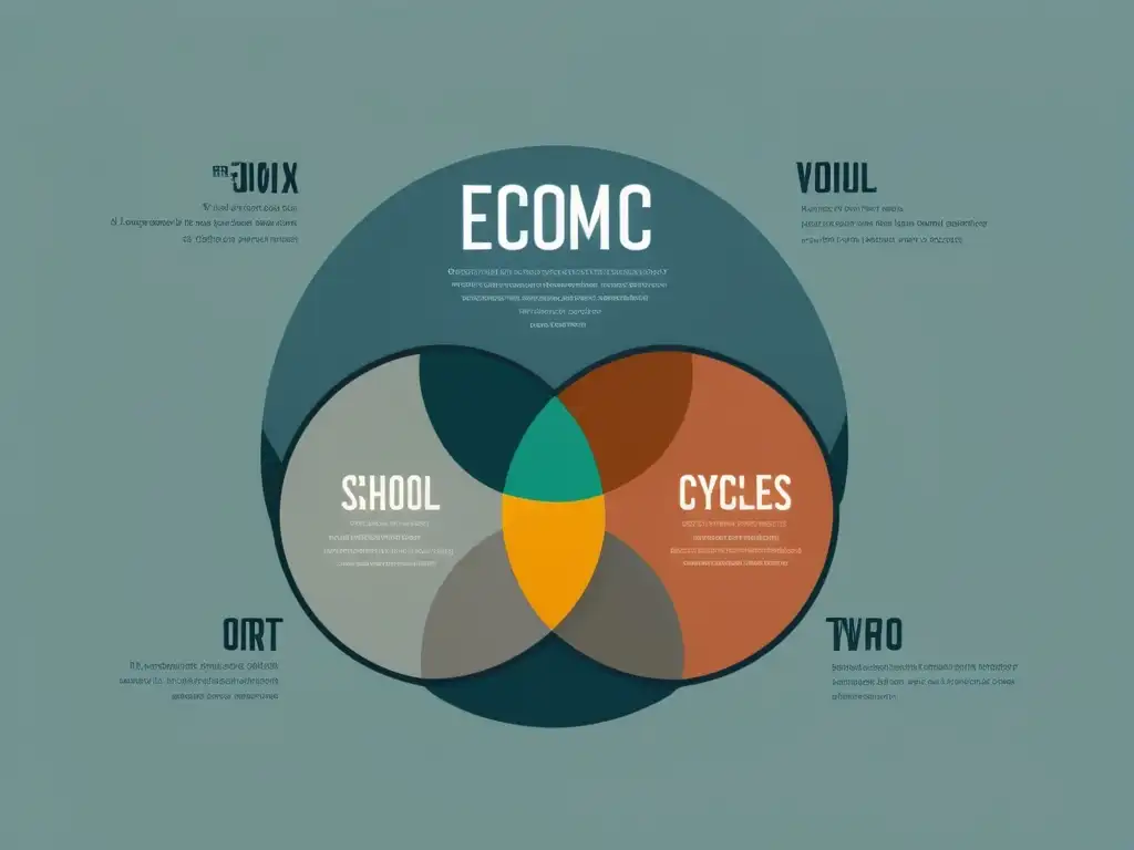 Ilustración minimalista de dos ciclos económicos superpuestos, representando las teorías de Hayek y la Escuela de Chicago, con conceptos clave etiquetados para comparar y contrastar visualmente las dos teorías