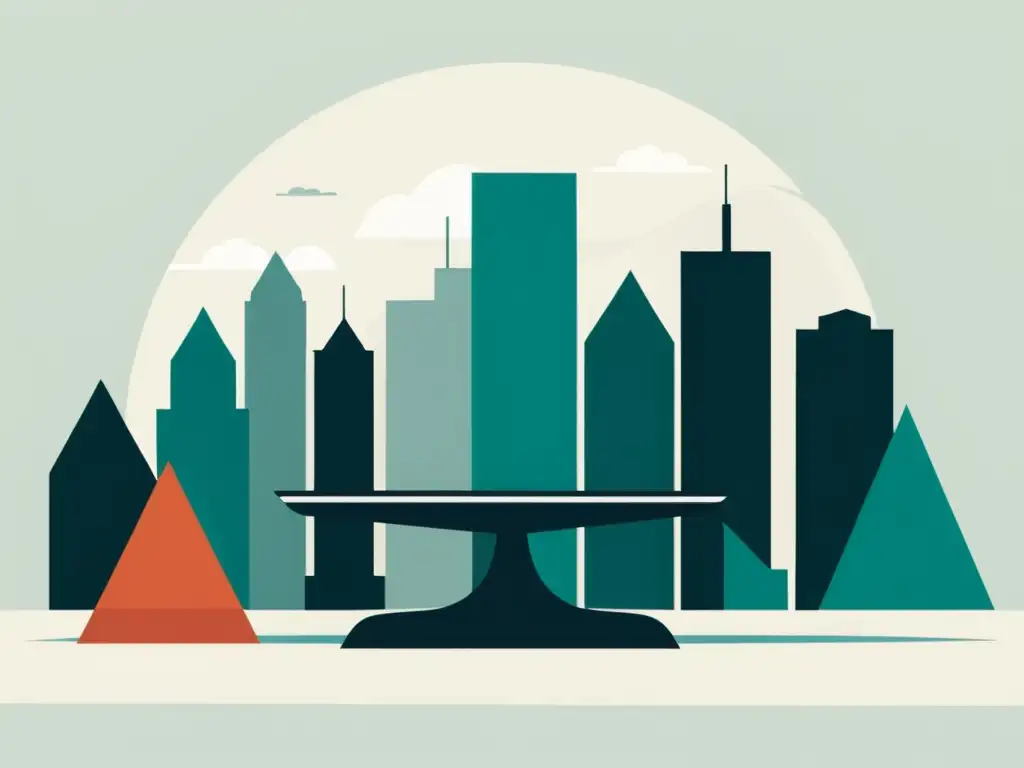 Dilema del seguro: ilustración minimalista de la economía austriaca Ilustración minimalista del dilema de los seguros en economía austriaca, con una balanza y pólizas de seguros apiladas de un lado, y una ciudad geométrica al fondo