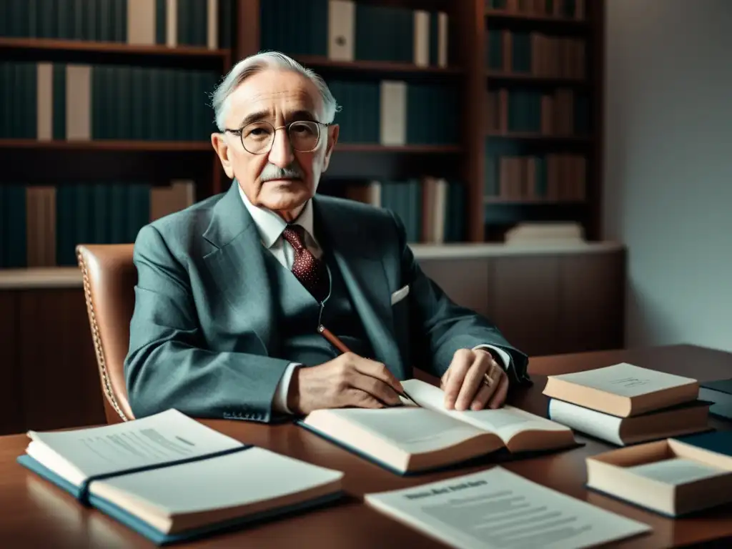 Retrato minimalista de Friedrich Hayek, pensativo en su escritorio Ilustración minimalista de Friedrich Hayek en su escritorio, rodeado de papeles y libros, con una expresión enfocada y contemplativa