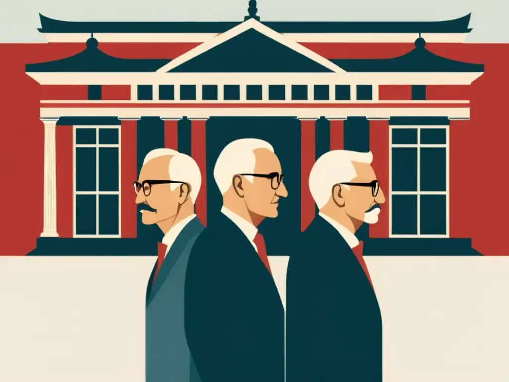 Ilustración minimalista de figuras clave en la Teoría del capital Escuela Austriaca, como Ludwig von Mises, Friedrich Hayek y Carl Menger, con arquitectura tradicional austriaca de fondo