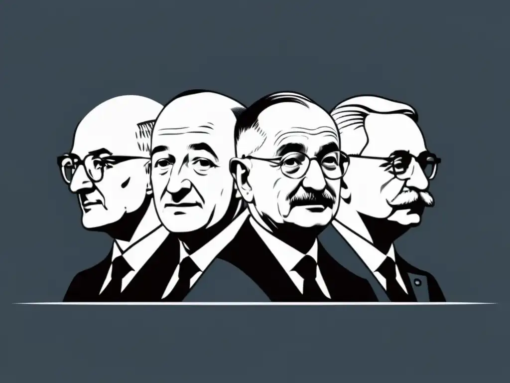 Ilustración minimalista de figuras influyentes en innovación y emprendimiento, como Joseph Schumpeter, Ludwig von Mises y Friedrich Hayek