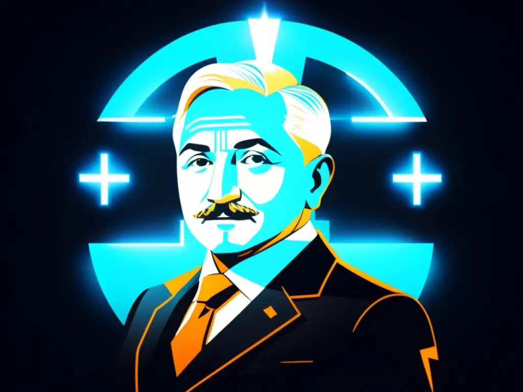 Una representación minimalista de Ludwig von Mises frente a un blockchain brillante, rodeado de símbolos de criptomonedas