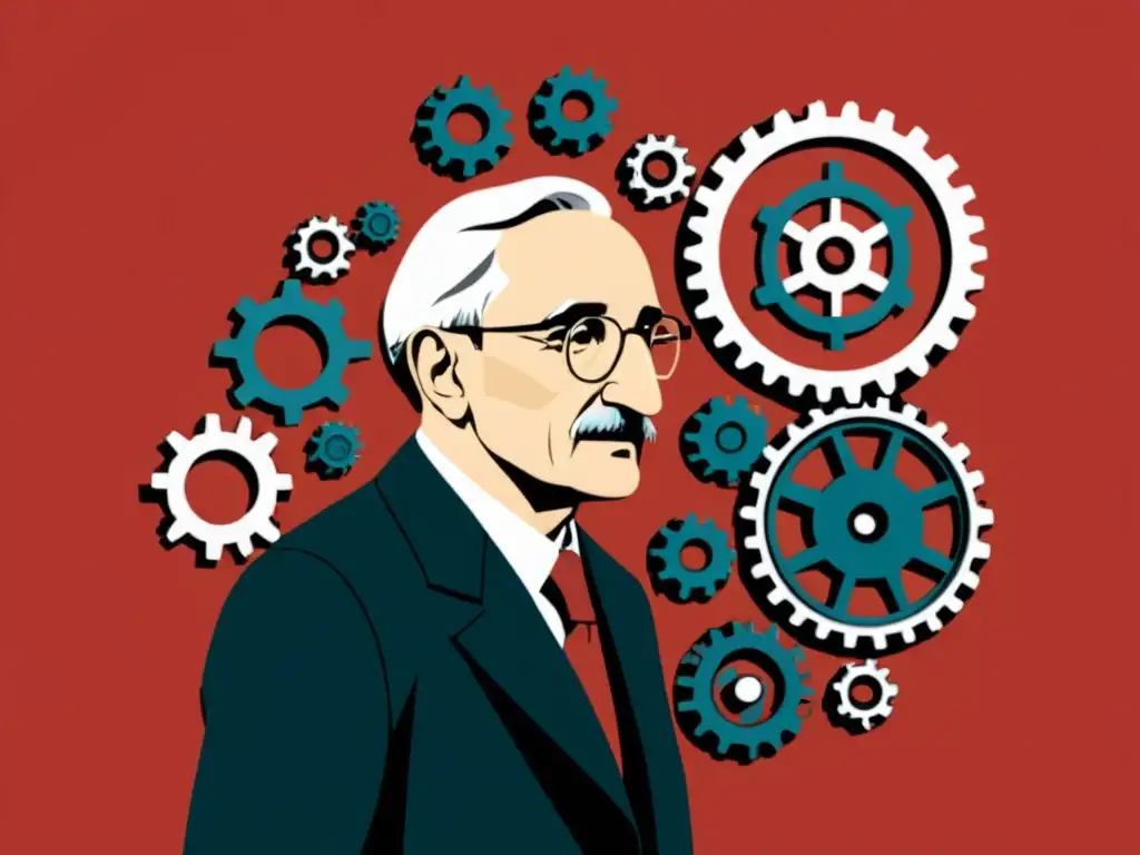 Ilustración minimalista de Friedrich Hayek frente a una compleja red de engranajes, simbolizando las enseñanzas de Hayek sobre socialismo