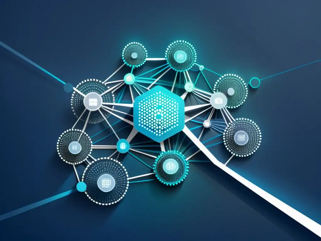 Una representación gráfica minimalista y futurista de una red de nodos interconectados, con elementos holográficos y una paleta de colores en azules profundos y plateados metálicos