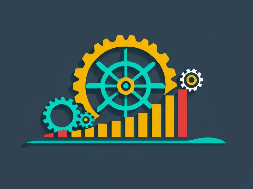 Minimalista ilustración de gráfico bursátil con engranajes entrelazados, integrando conceptos austriacos en análisis técnico