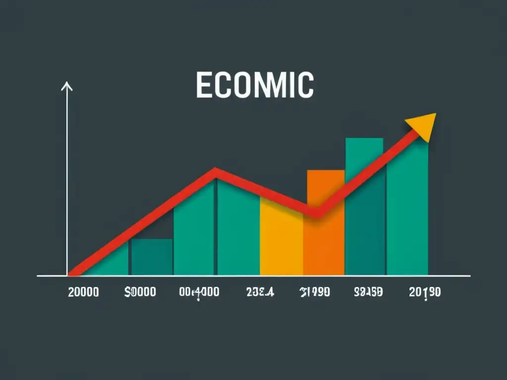 Minimalista ilustración de un gráfico de líneas que representa ciclos económicos, con colores llamativos y fases etiquetadas en fuente sofisticada