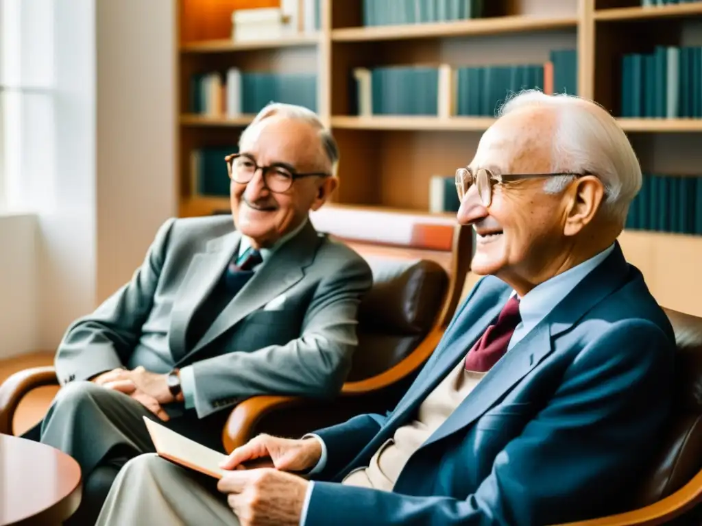 Ilustración minimalista de Hayek y Friedman en animada discusión sobre libertad económica en una luminosa habitación llena de libros y luz natural