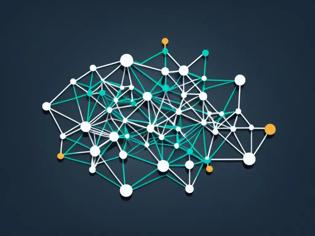 Una representación minimalista del orden catalláctico de Hayek, una red compleja de nodos interconectados con líneas geométricas, patrón orgánico y contraste llamativo