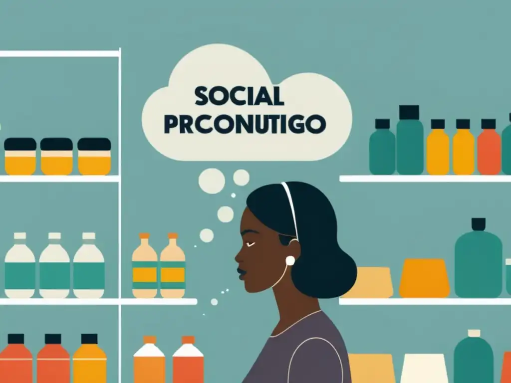 Ilustración minimalista de una persona frente a estantes con productos y burbujas de pensamiento con conceptos psicológicos