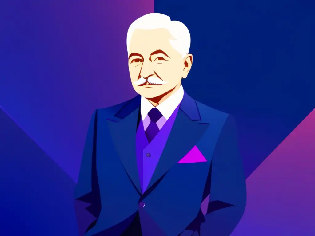 Una ilustración minimalista de Ludwig von Mises, con postura segura, vistiendo traje