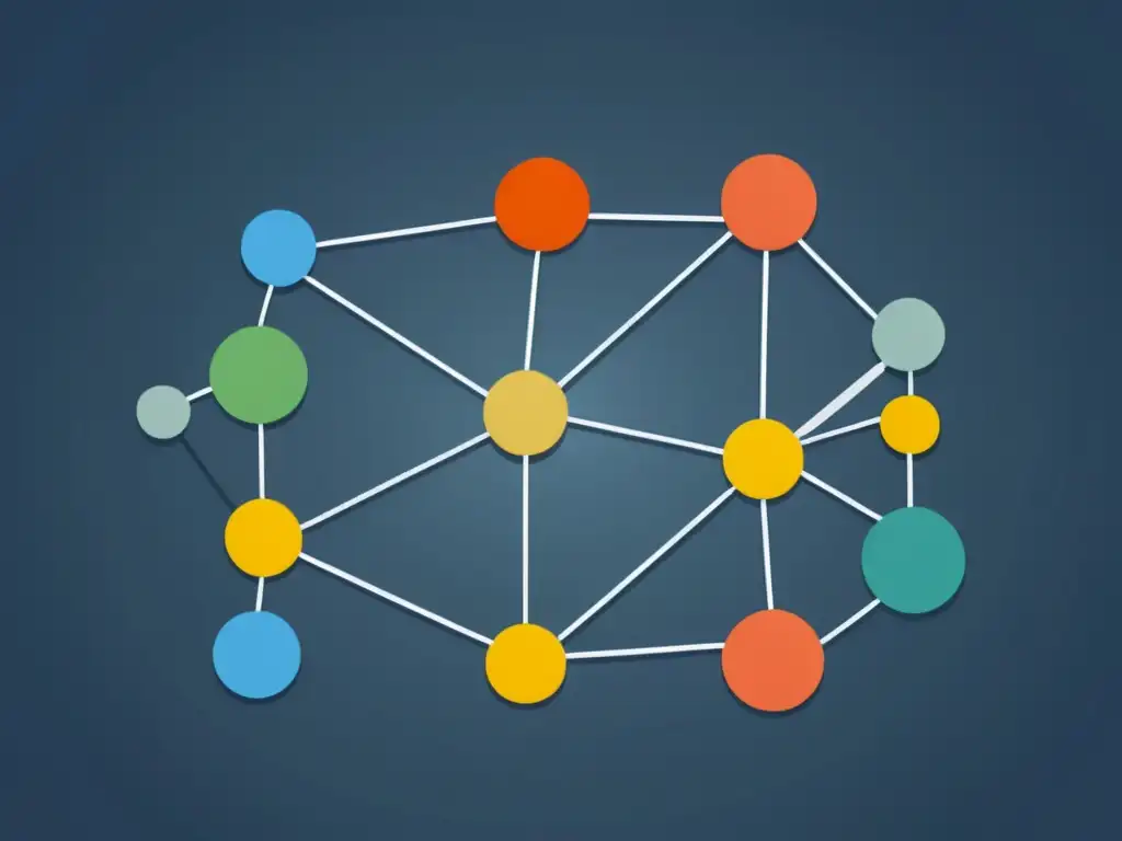 Red de nodos: Teoría de seguros de Hayek Ilustración minimalista de una red compleja de nodos interconectados y flechas, representando la Teoría de los seguros de Hayek