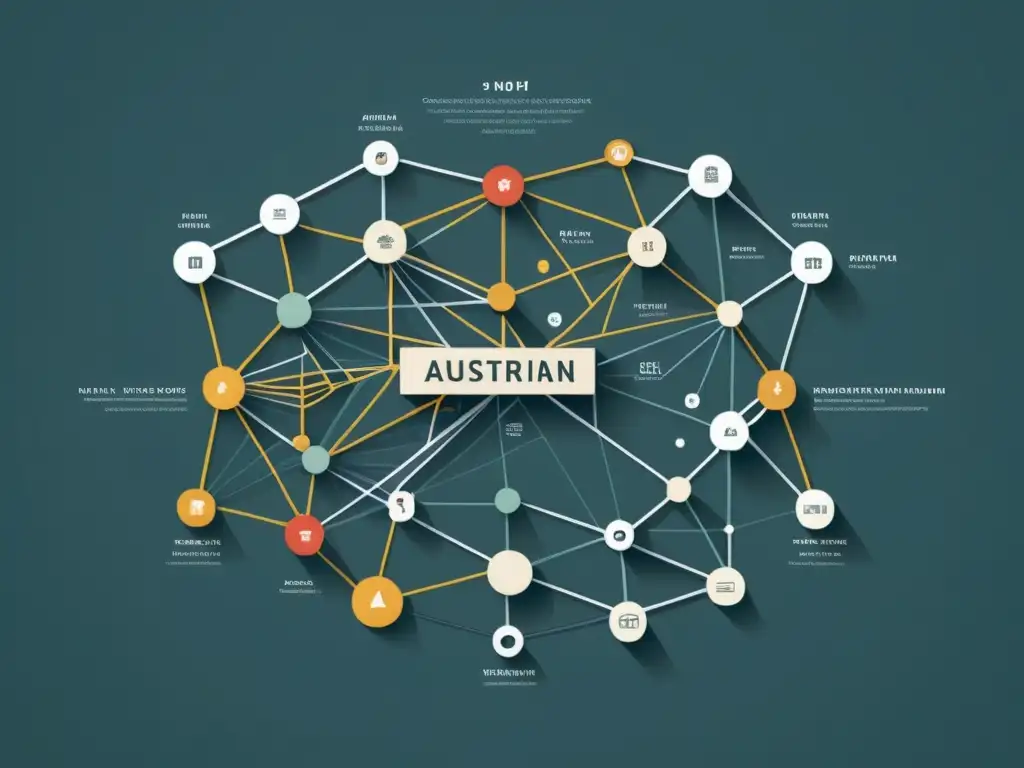 Ilustración minimalista de una red económica compleja, reflejando la respuesta austriaca a recesiones económicas con líneas limpias y colores suaves
