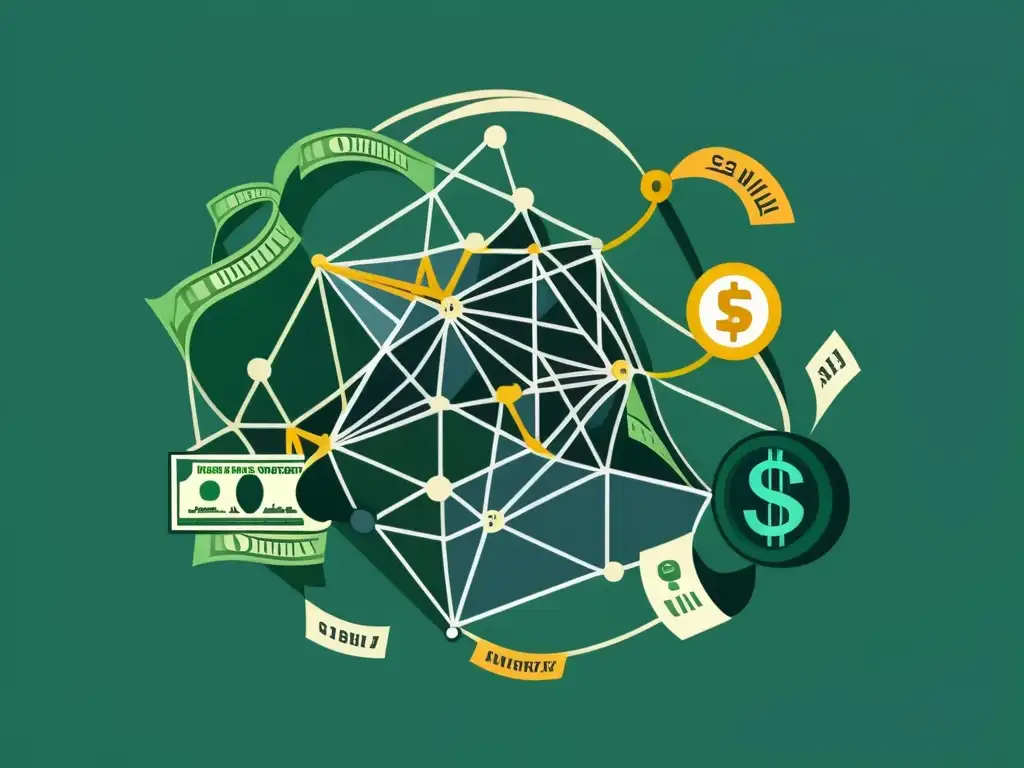 Ilustración minimalista de una red enredada de inversiones financieras, con dinero fluyendo en direcciones aparentemente contradictorias, simbolizando el impacto del malinvesting en la economía