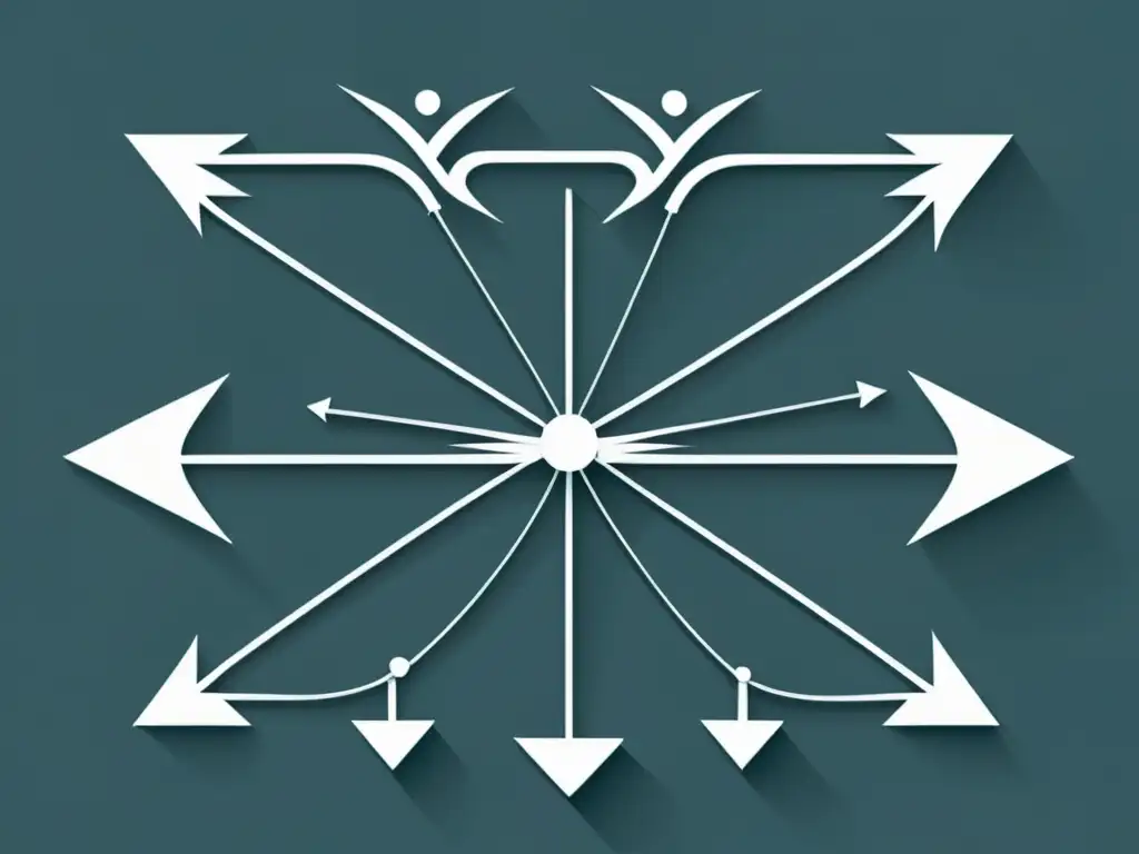 Ilustración minimalista de una red de flechas y nodos interconectados, representando la compleja paradoja de la planificación central en la economía